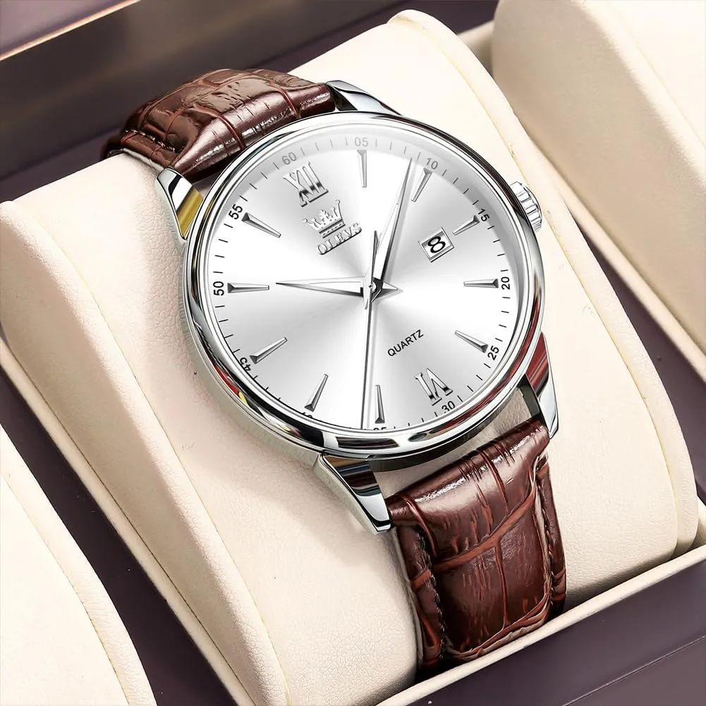 OLEVS Mens Watches Minimalist Brown/Black Leather Band Dress Waterproof Analog Quartz with Date(White/Black/Blue Dial) Classic Casual Easy to Read Men's Wrist Watches