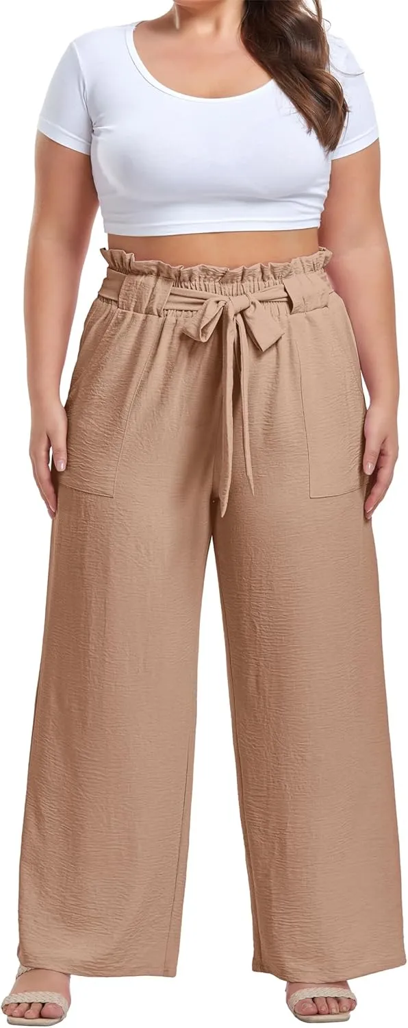 OLRIK Women's Plus Size Pants Summer High Waisted Wide Leg Casual Trousers with Pockets Self-Tie Belt (1X-5X)