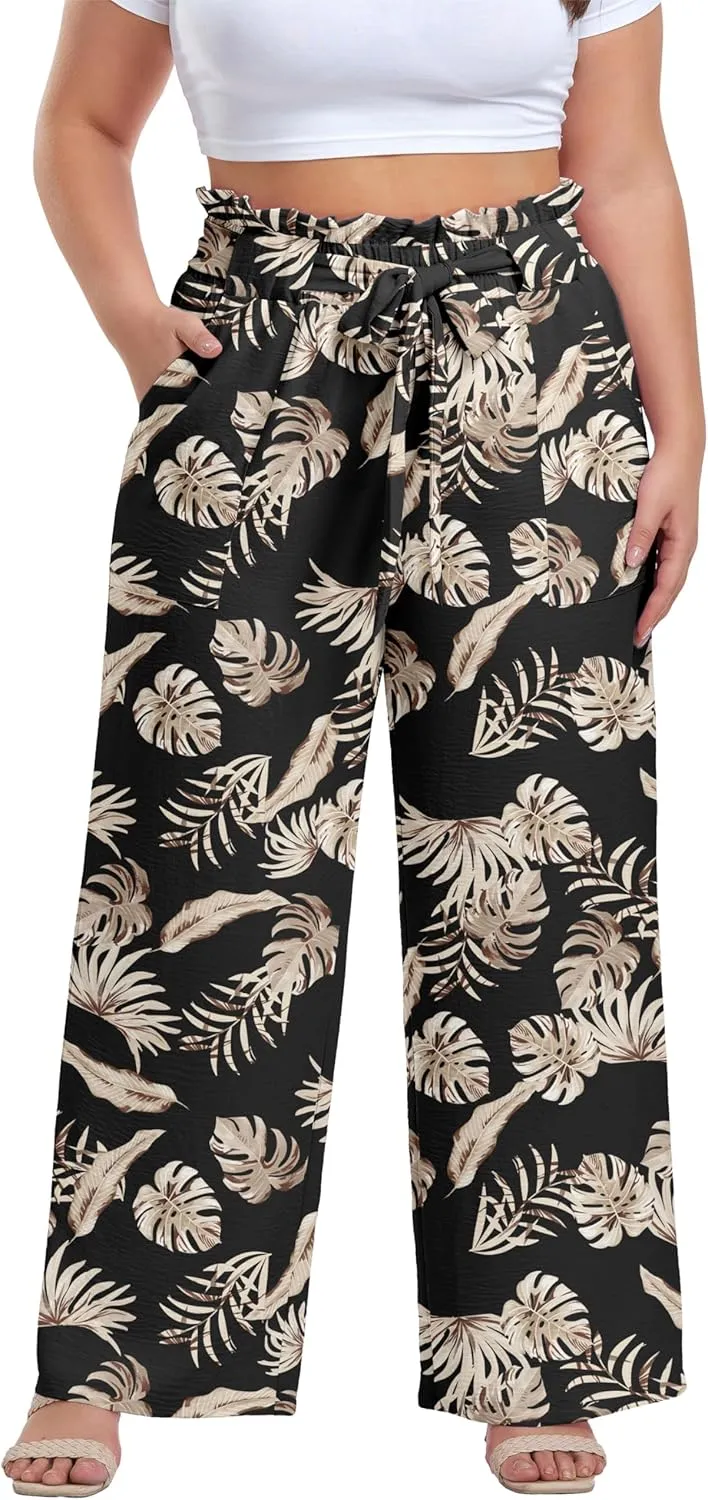 OLRIK Women's Plus Size Pants Summer High Waisted Wide Leg Casual Trousers with Pockets Self-Tie Belt (1X-5X)