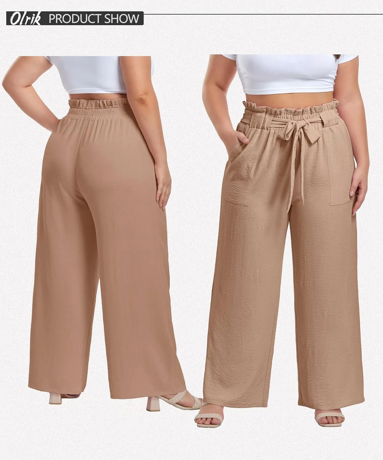 OLRIK Women's Plus Size Pants Summer High Waisted Wide Leg Casual Trousers with Pockets Self-Tie Belt (1X-5X)