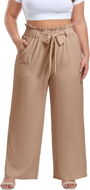 OLRIK Women's Plus Size Pants Summer High Waisted Wide Leg Casual Trousers with Pockets Self-Tie Belt (1X-5X)