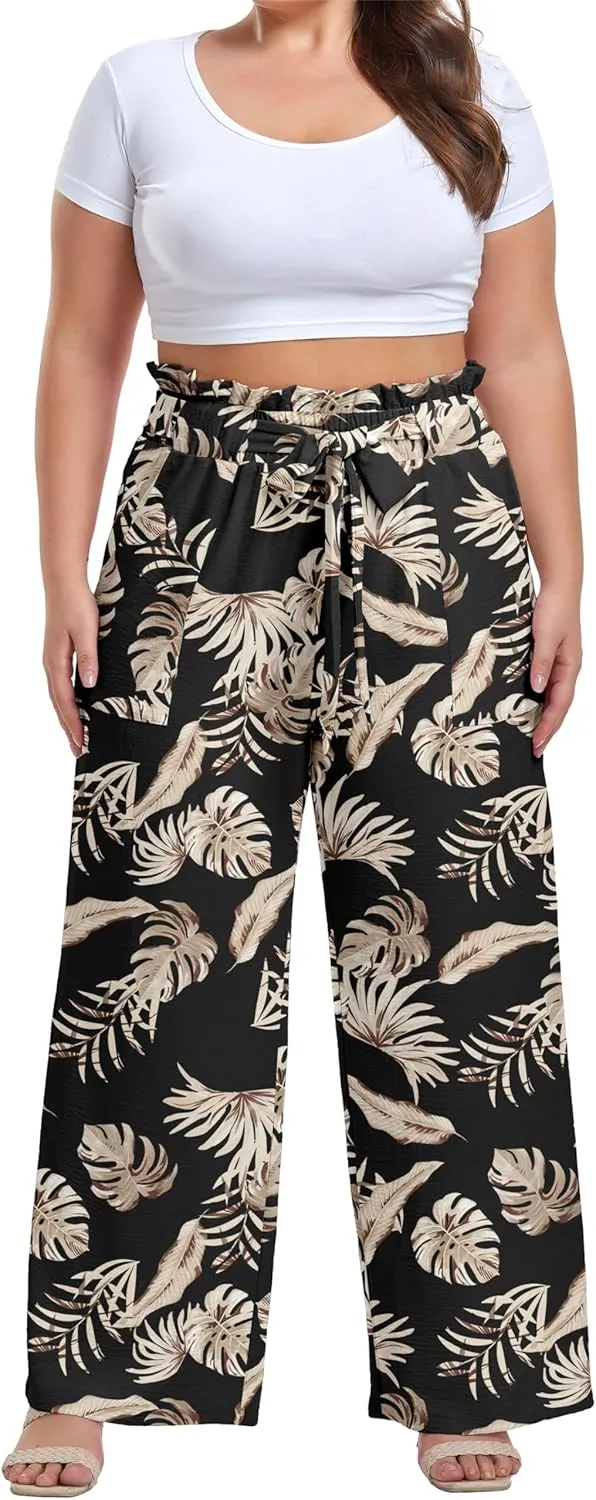 OLRIK Women's Plus Size Pants Summer High Waisted Wide Leg Casual Trousers with Pockets Self-Tie Belt (1X-5X)