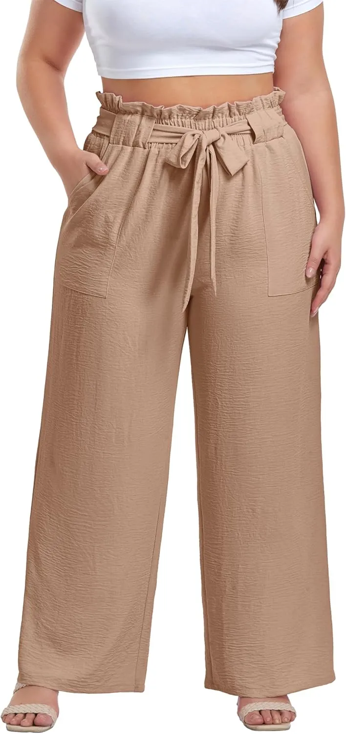 OLRIK Women's Plus Size Pants Summer High Waisted Wide Leg Casual Trousers with Pockets Self-Tie Belt (1X-5X)