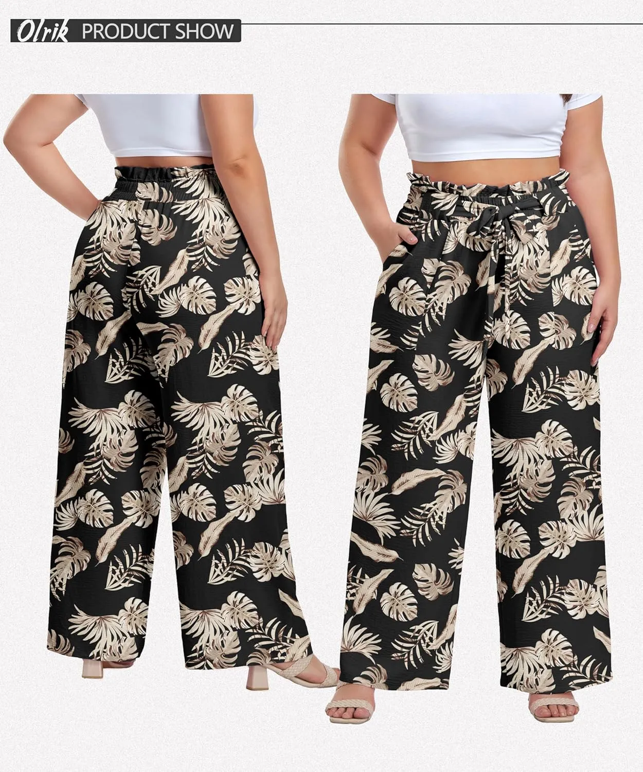 OLRIK Women's Plus Size Pants Summer High Waisted Wide Leg Casual Trousers with Pockets Self-Tie Belt (1X-5X)
