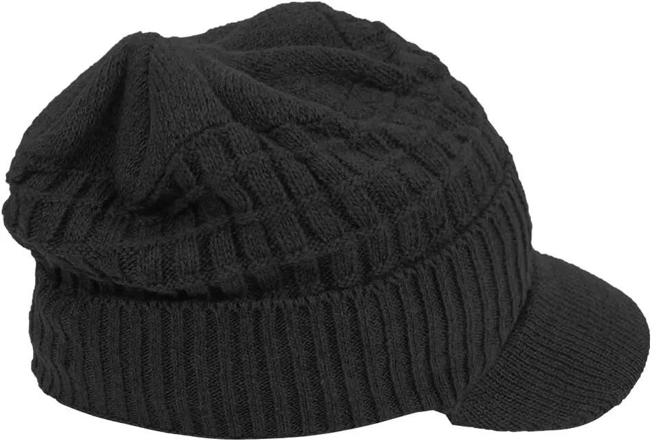Original One Winter Wool Knitted Chunky Visor Beanie Hat with Brim Fur Lined Peaked Ski Cap