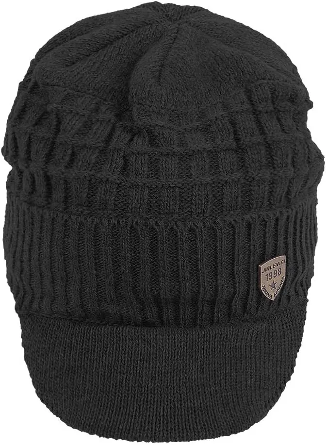 Original One Winter Wool Knitted Chunky Visor Beanie Hat with Brim Fur Lined Peaked Ski Cap