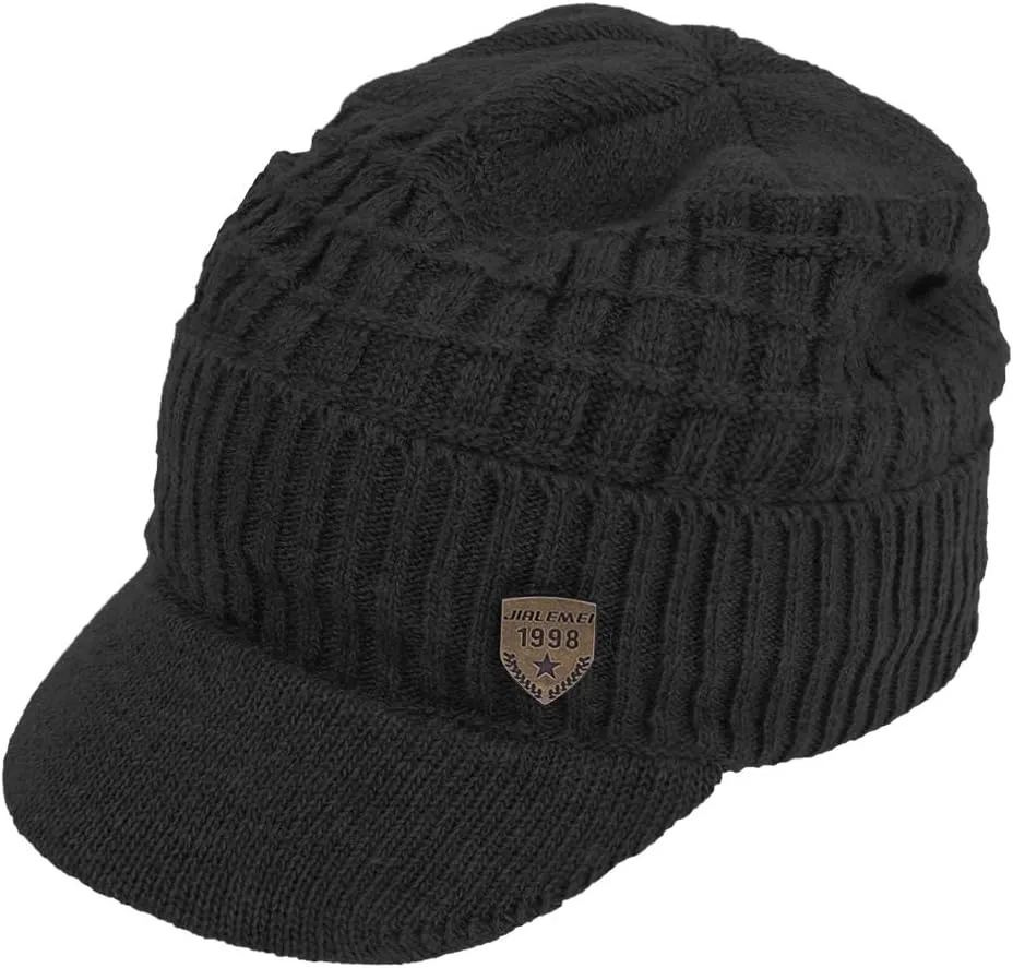 Original One Winter Wool Knitted Chunky Visor Beanie Hat with Brim Fur Lined Peaked Ski Cap