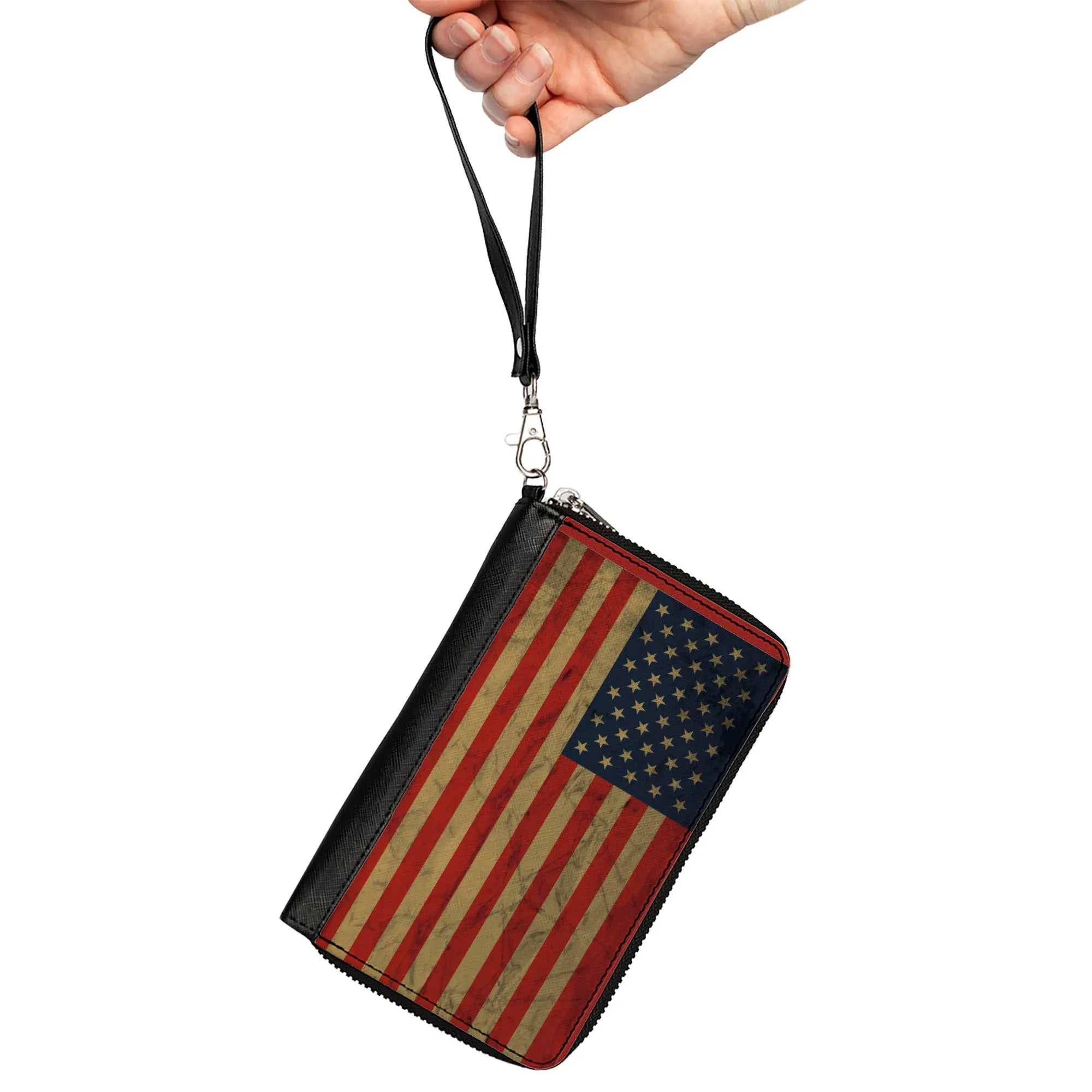 PU Zip Around Wallet Rectangle - American Flag Weathered Single