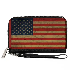 PU Zip Around Wallet Rectangle - American Flag Weathered Single