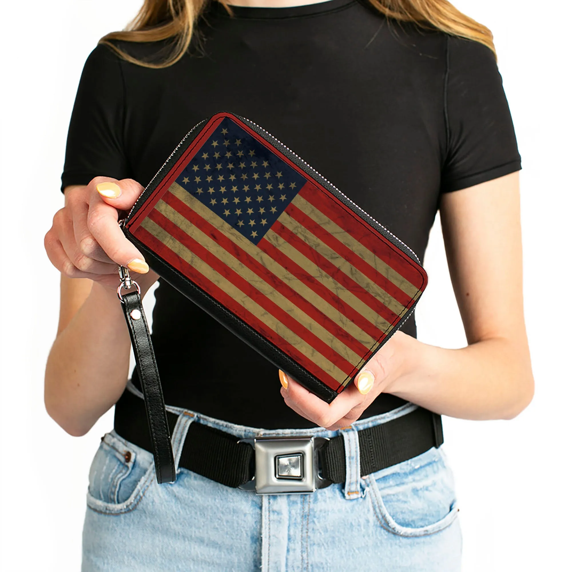 PU Zip Around Wallet Rectangle - American Flag Weathered Single