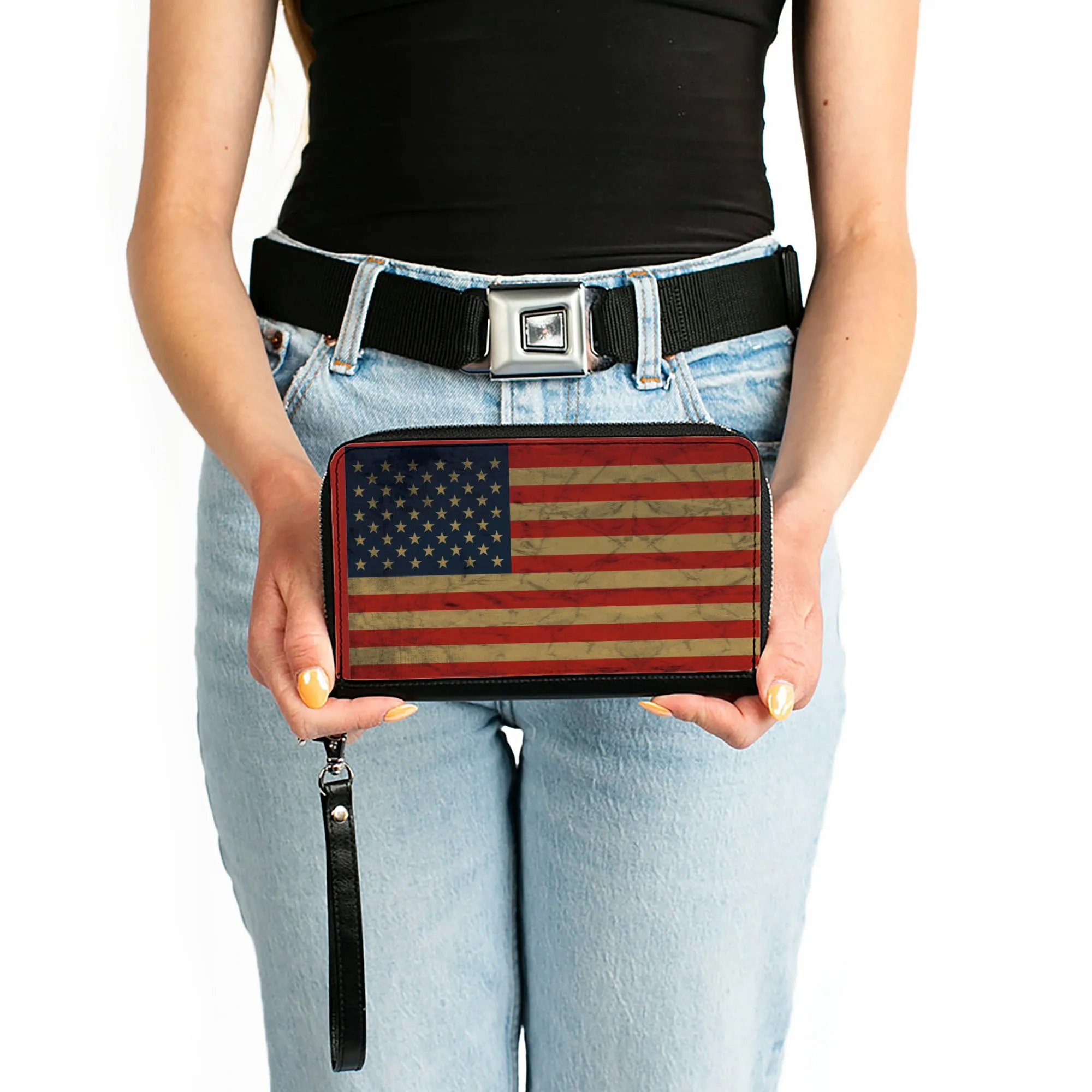 PU Zip Around Wallet Rectangle - American Flag Weathered Single