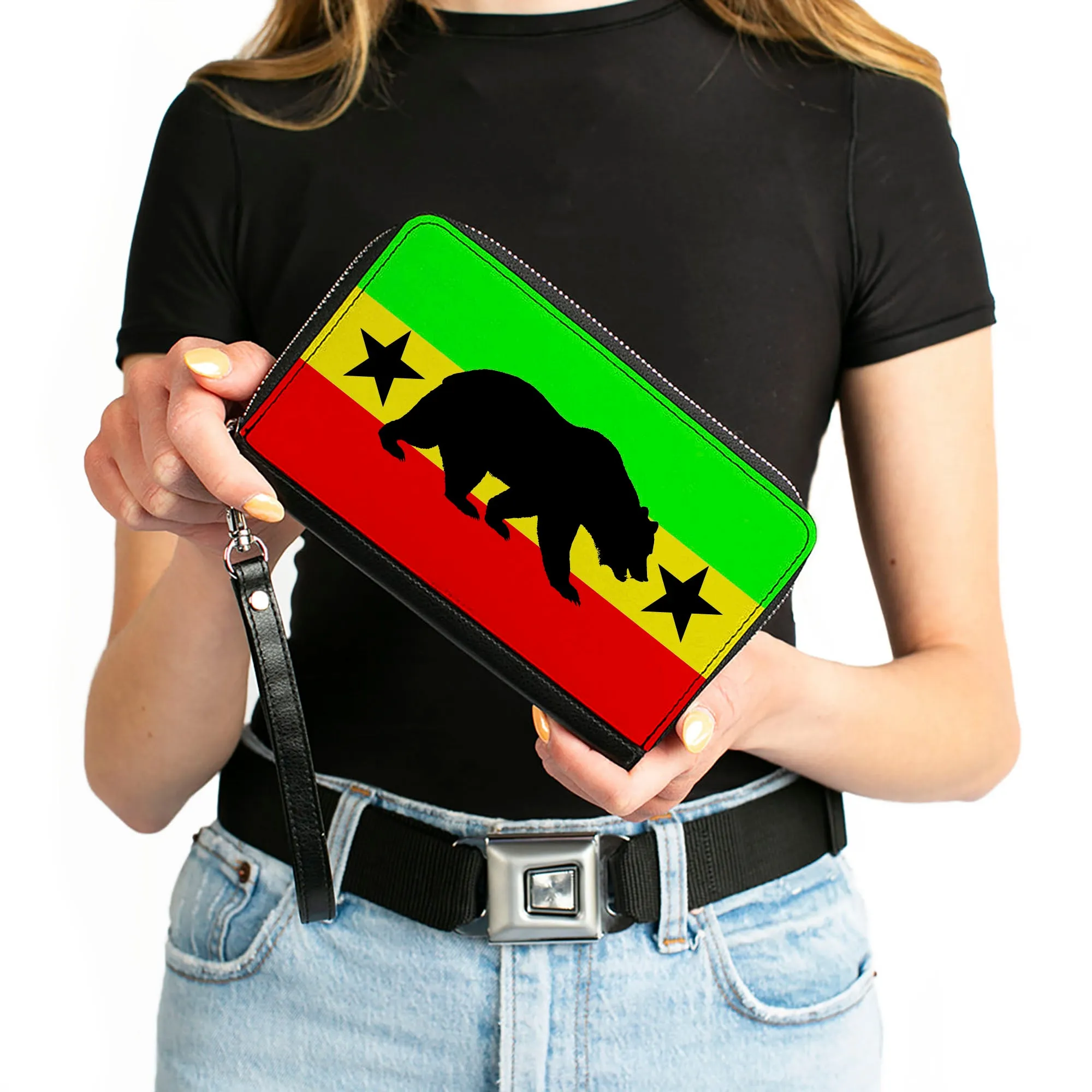 PU Zip Around Wallet Rectangle - Cali Bear/Star Silhouette Rasta/Black