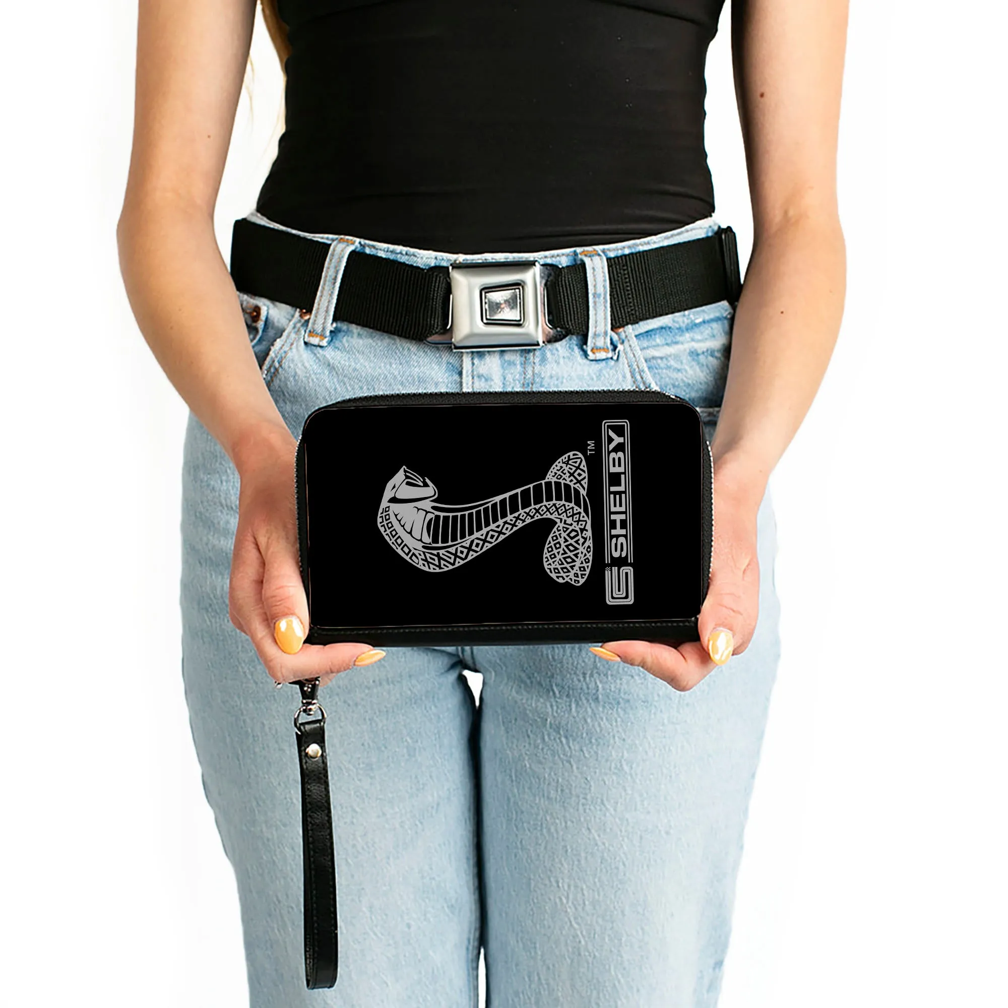 PU Zip Around Wallet Rectangle - Carroll Shelby Super Snake CS SHELBY Racing Logo Black/White