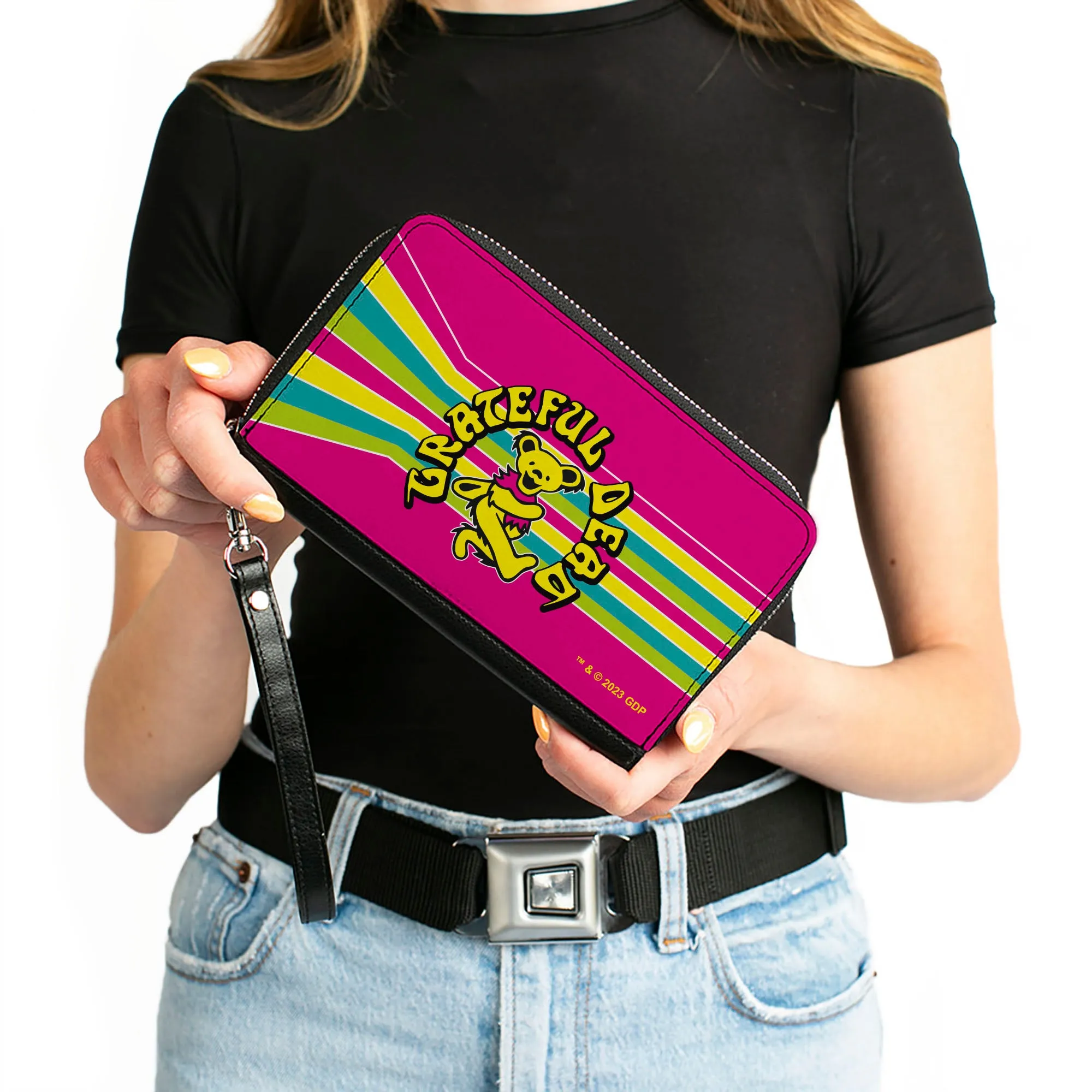 PU Zip Around Wallet Rectangle - GRATEFUL DEAD Dancing Bear Icon Stripe Pink/Multi Color/Black