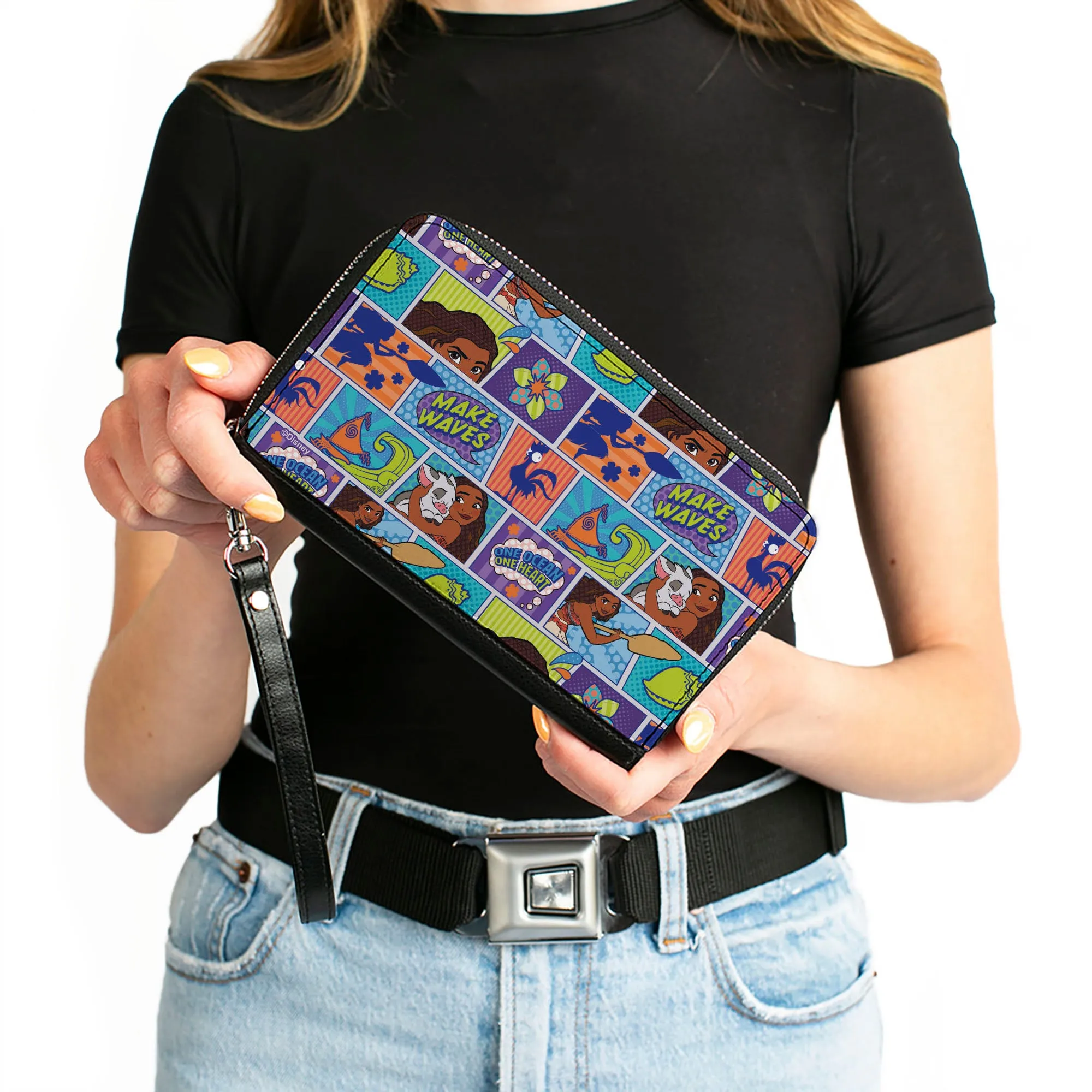 PU Zip Around Wallet Rectangle - Moana MAKE WAVES Scene Blocks Blues