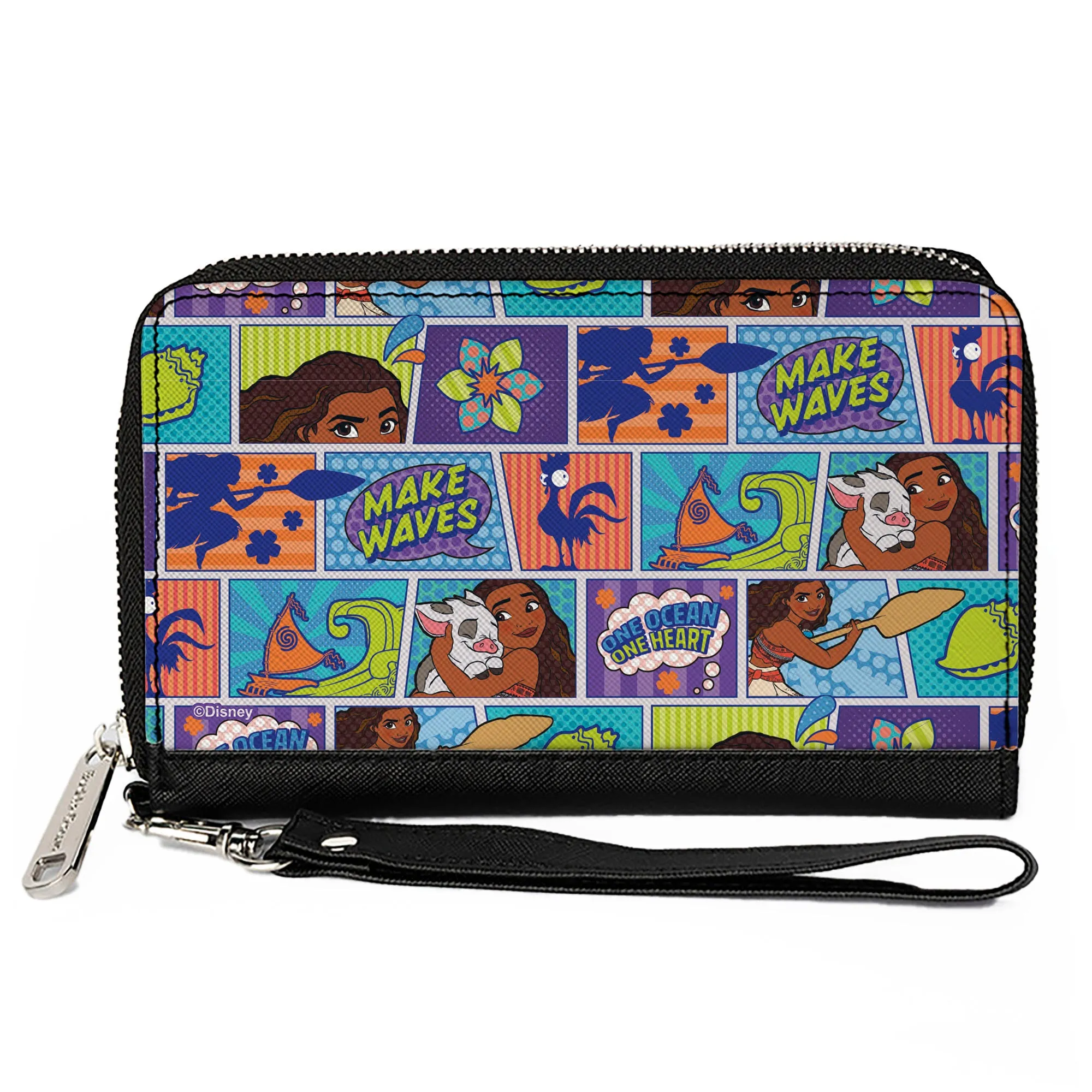 PU Zip Around Wallet Rectangle - Moana MAKE WAVES Scene Blocks Blues