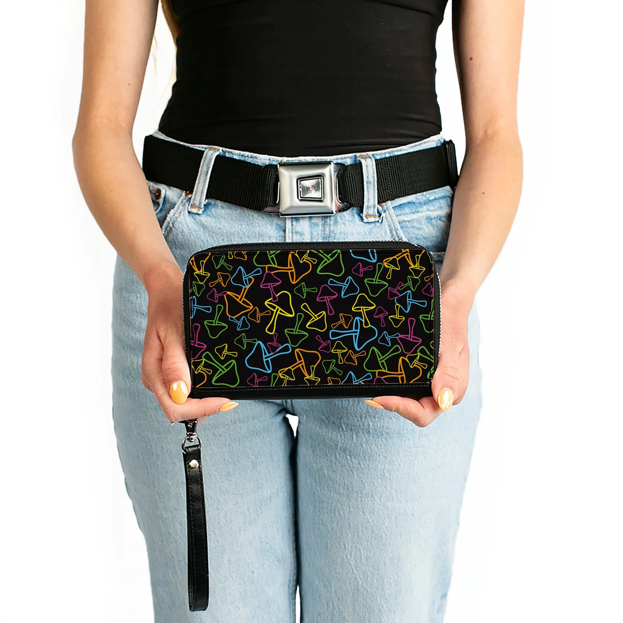PU Zip Around Wallet Rectangle - Mushroom Outlines Scattered2 Black Multi Neon