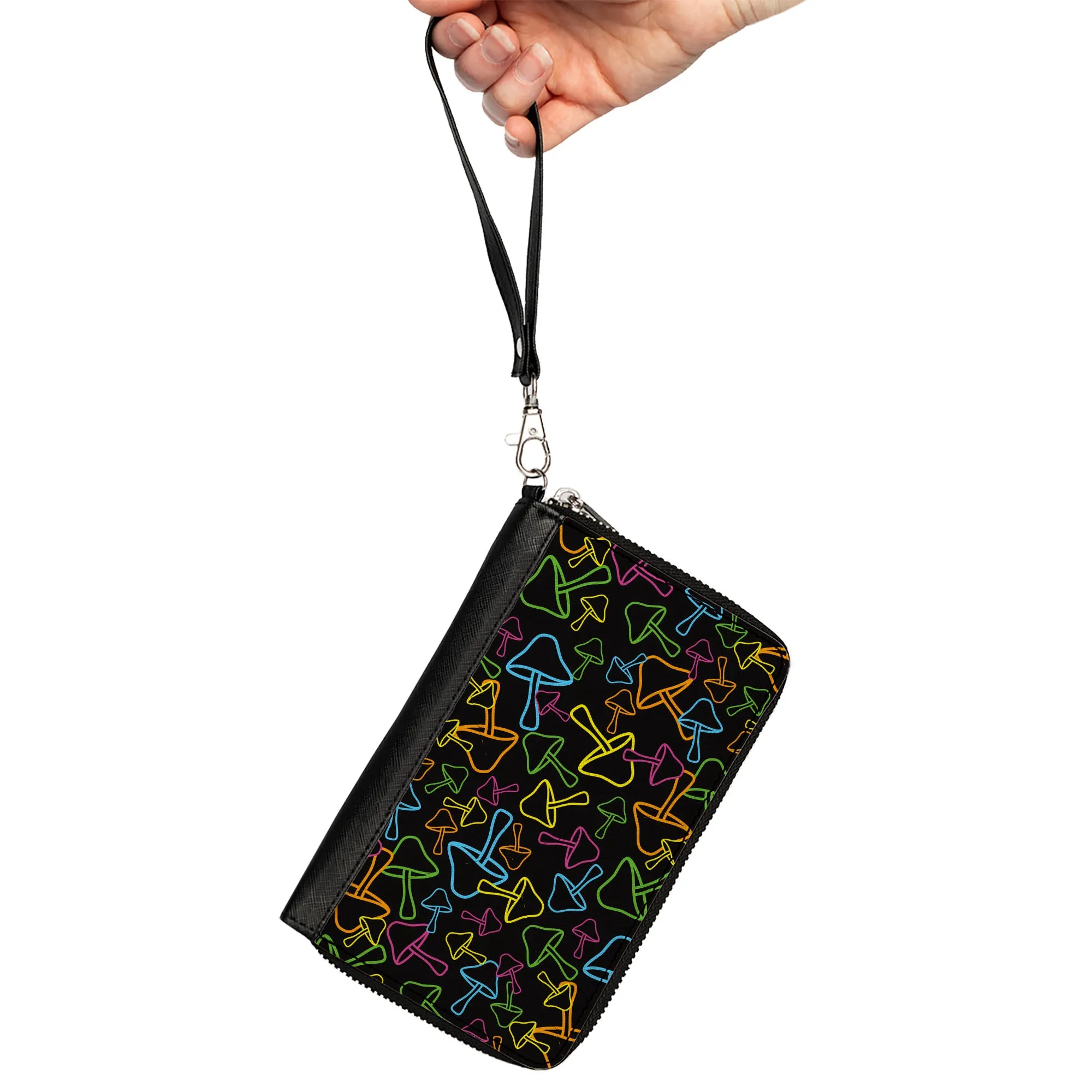 PU Zip Around Wallet Rectangle - Mushroom Outlines Scattered2 Black Multi Neon