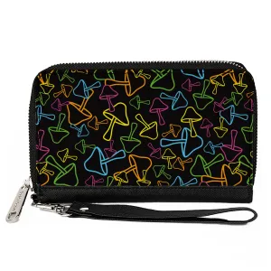 PU Zip Around Wallet Rectangle - Mushroom Outlines Scattered2 Black Multi Neon