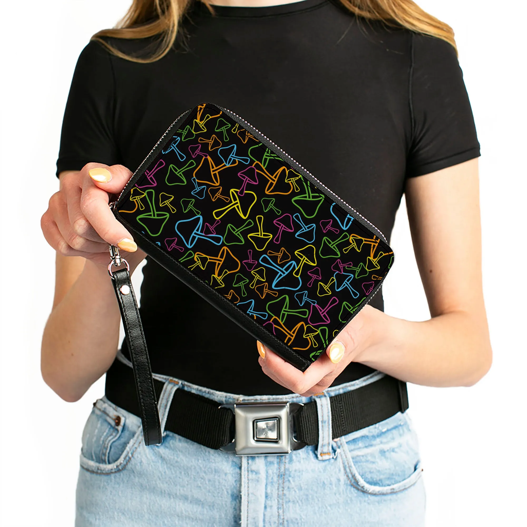 PU Zip Around Wallet Rectangle - Mushroom Outlines Scattered2 Black Multi Neon