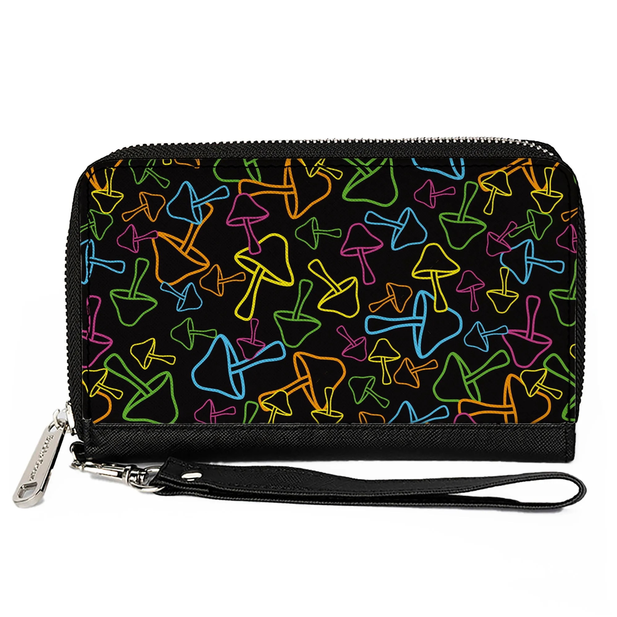 PU Zip Around Wallet Rectangle - Mushroom Outlines Scattered2 Black Multi Neon