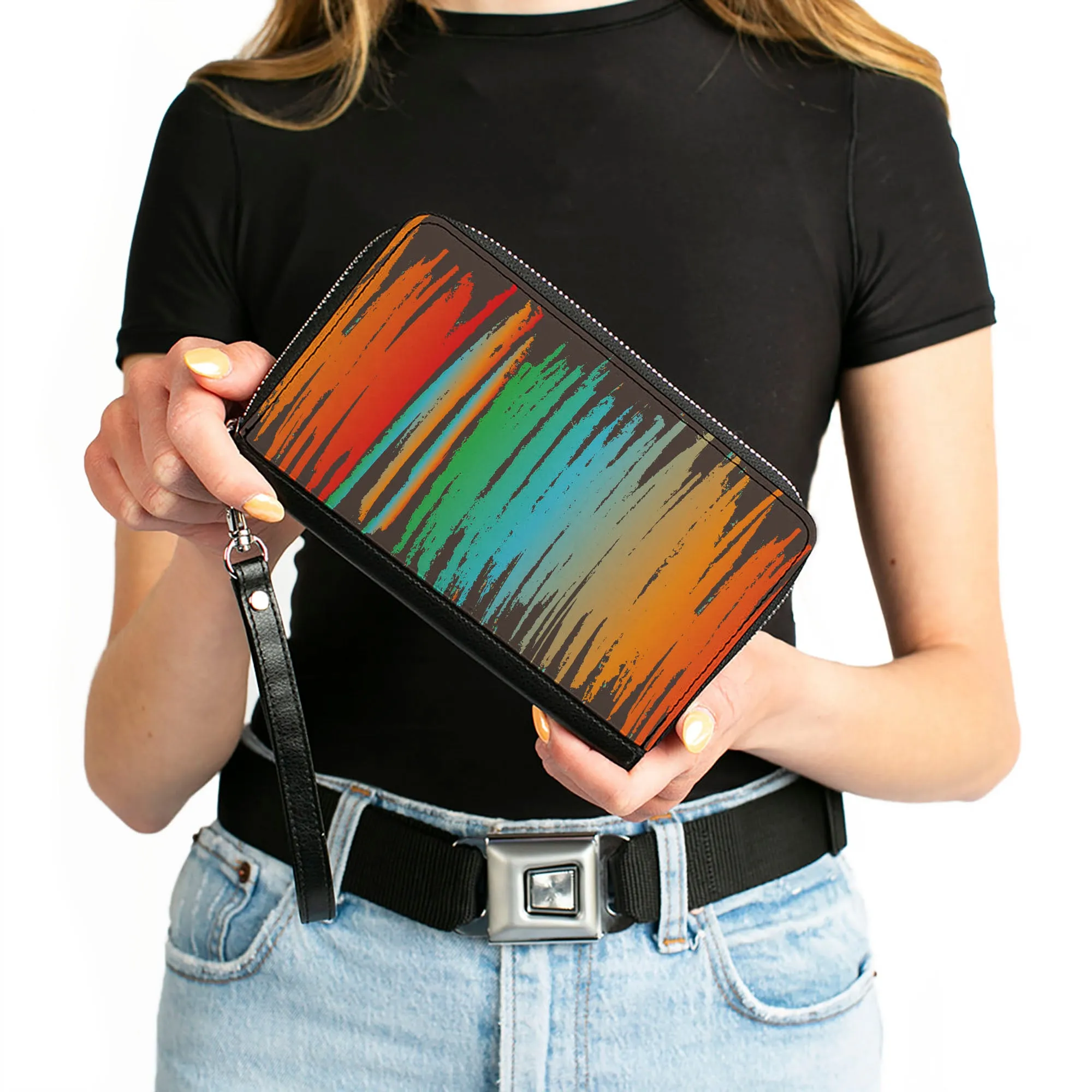 PU Zip Around Wallet Rectangle - Scribble Zarape Fade Brown/Multi Color
