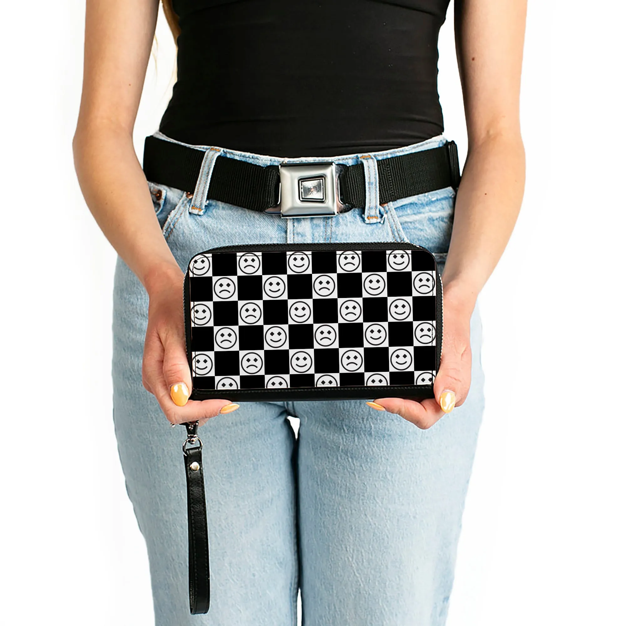 PU Zip Around Wallet Rectangle - Smiley Sad Face Checker Black/White
