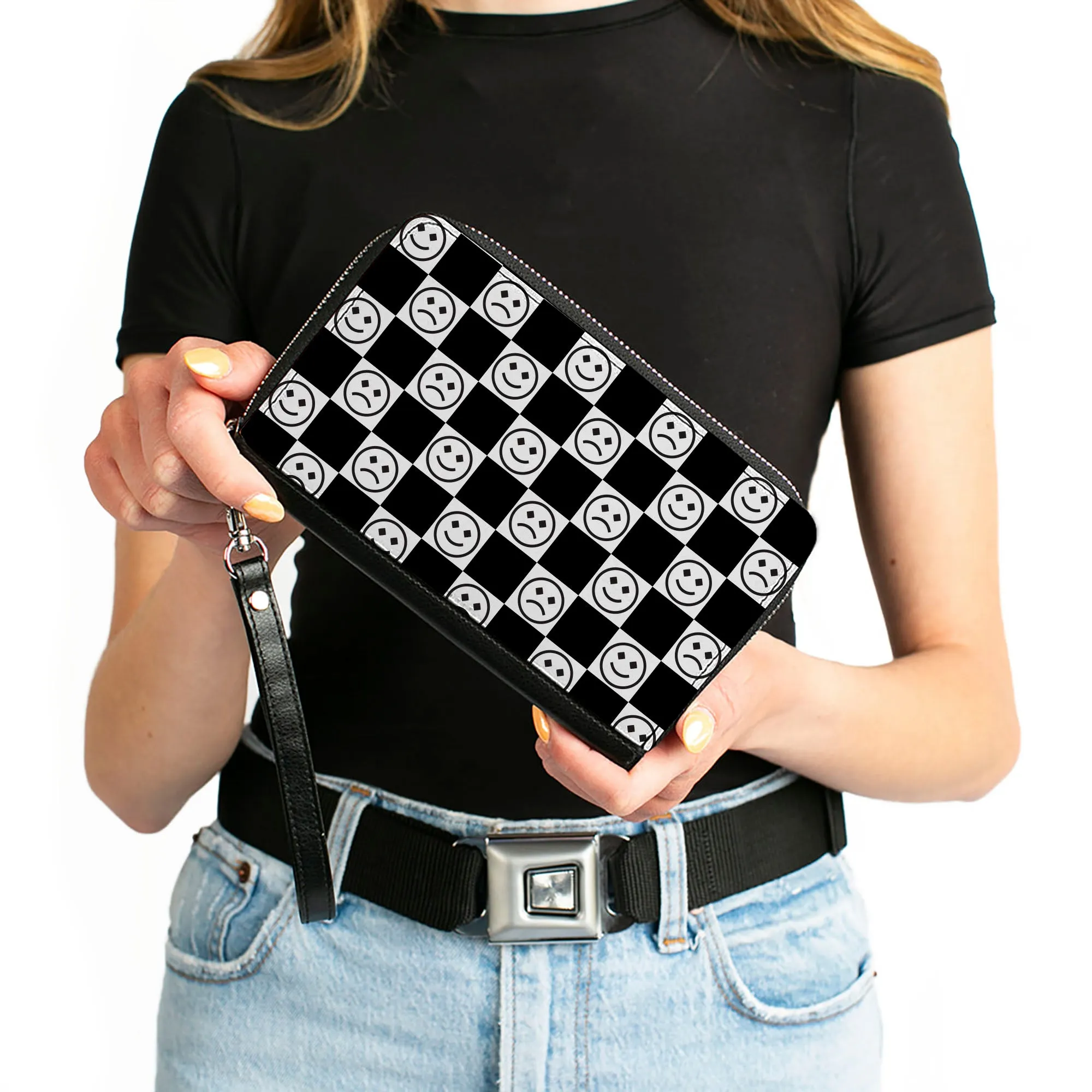 PU Zip Around Wallet Rectangle - Smiley Sad Face Checker Black/White