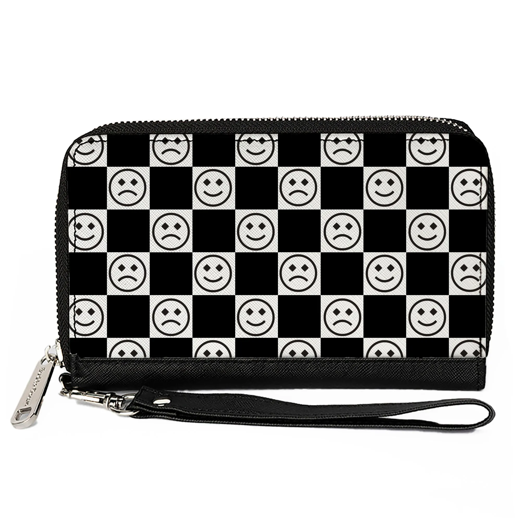 PU Zip Around Wallet Rectangle - Smiley Sad Face Checker Black/White