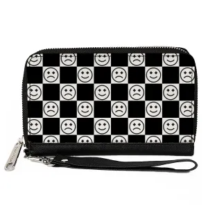 PU Zip Around Wallet Rectangle - Smiley Sad Face Checker Black/White