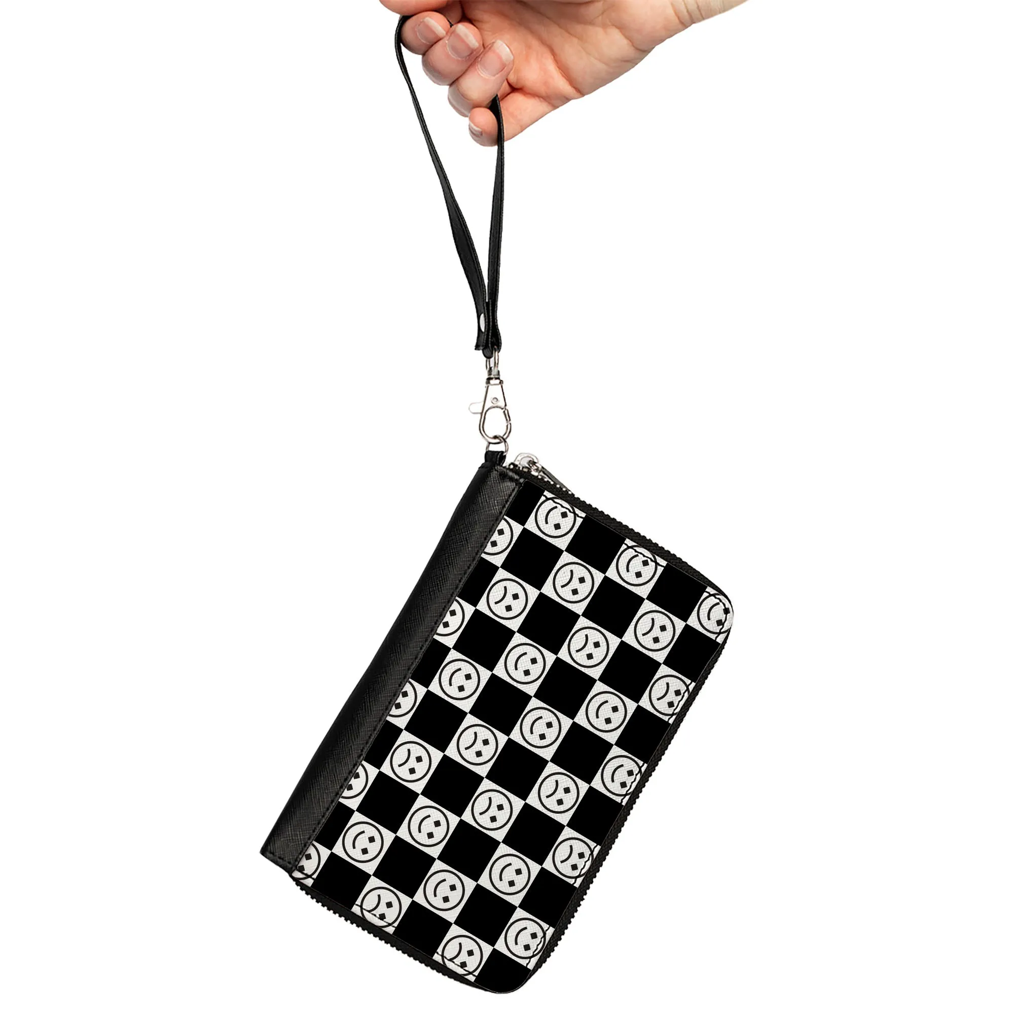 PU Zip Around Wallet Rectangle - Smiley Sad Face Checker Black/White