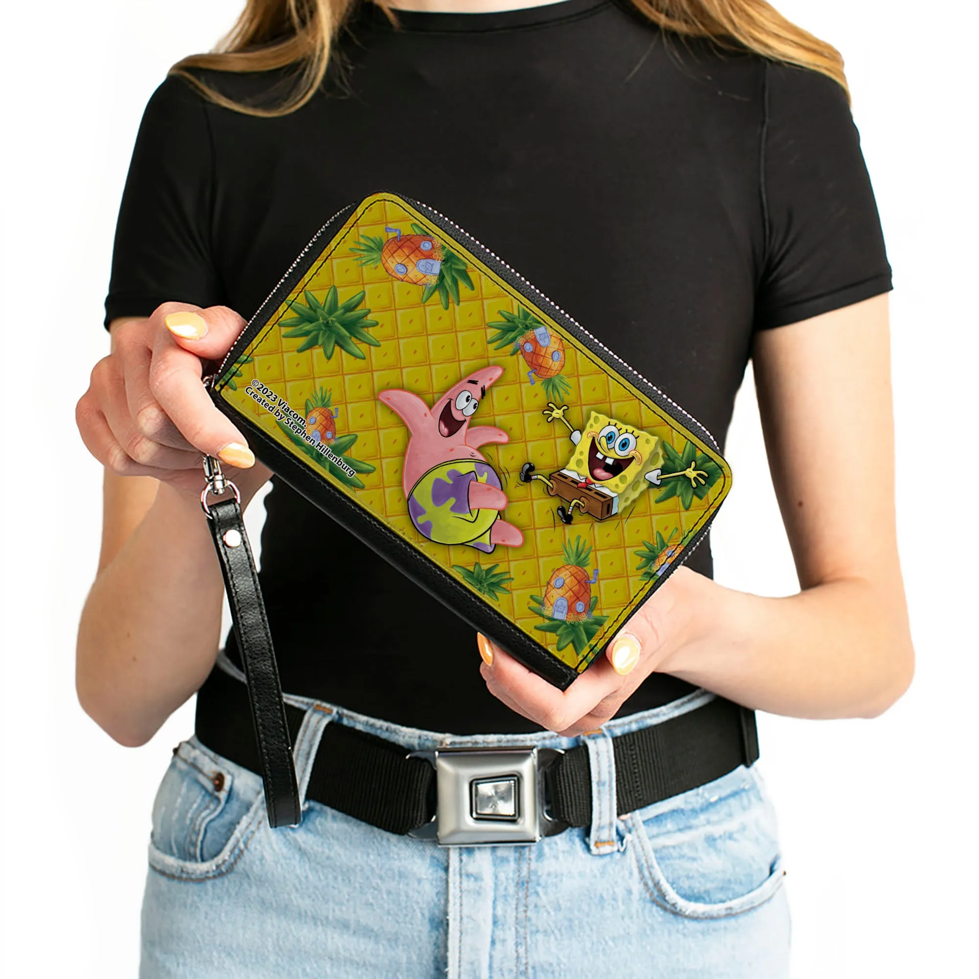 PU Zip Around Wallet Rectangle - SpongeBob SquarePants & Patrick Star Pose Pineapple Gold