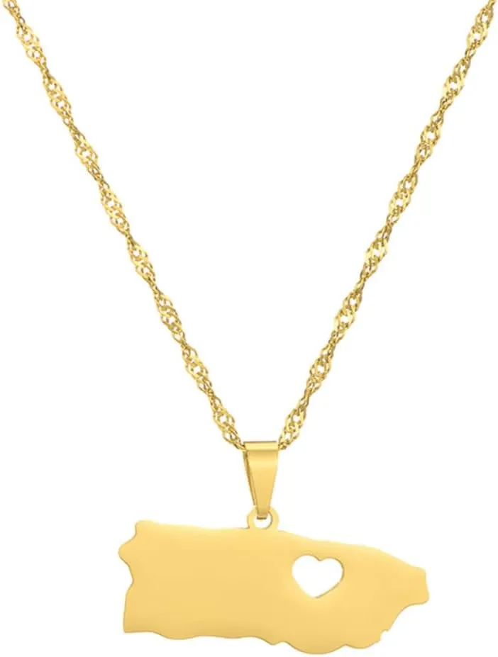 Puerto Rico Map Pendant Necklaces Stainless Steel PR Puerto Ricans Heart Map Jewelry Gifts (Gold)