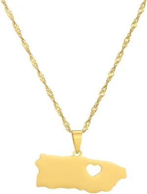Puerto Rico Map Pendant Necklaces Stainless Steel PR Puerto Ricans Heart Map Jewelry Gifts (Gold)