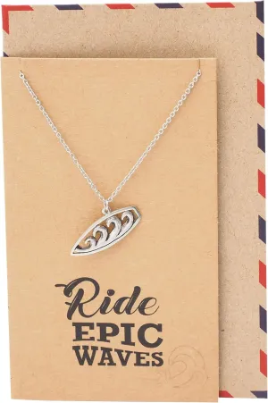 Quan Jewelry Surfboard Necklace, Ocean Waves Pendant Charm, Gifts for Beach Lovers Boho Look, Gifts for Surfer Girl, Silver Tone, Handmade with Inspirational Quote Card
