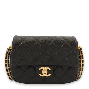 Quilted Seasonal Flap with Coco Medallion Charm Black Crossbody Bag in Caviar Leather, Gold hardware