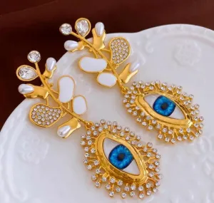 Retro High-end Diamante Evil Eye Earrings with Blue Centerpieces