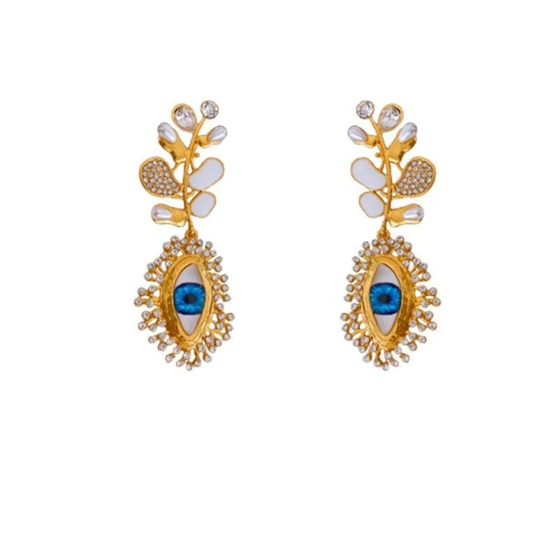 Retro High-end Diamante Evil Eye Earrings with Blue Centerpieces