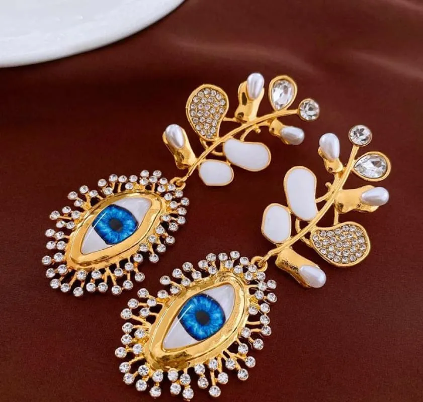Retro High-end Diamante Evil Eye Earrings with Blue Centerpieces
