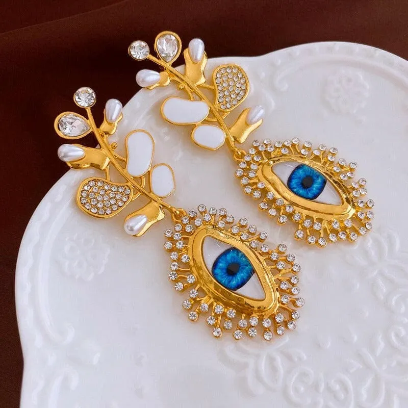Retro High-end Diamante Evil Eye Earrings with Blue Centerpieces