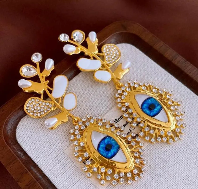 Retro High-end Diamante Evil Eye Earrings with Blue Centerpieces