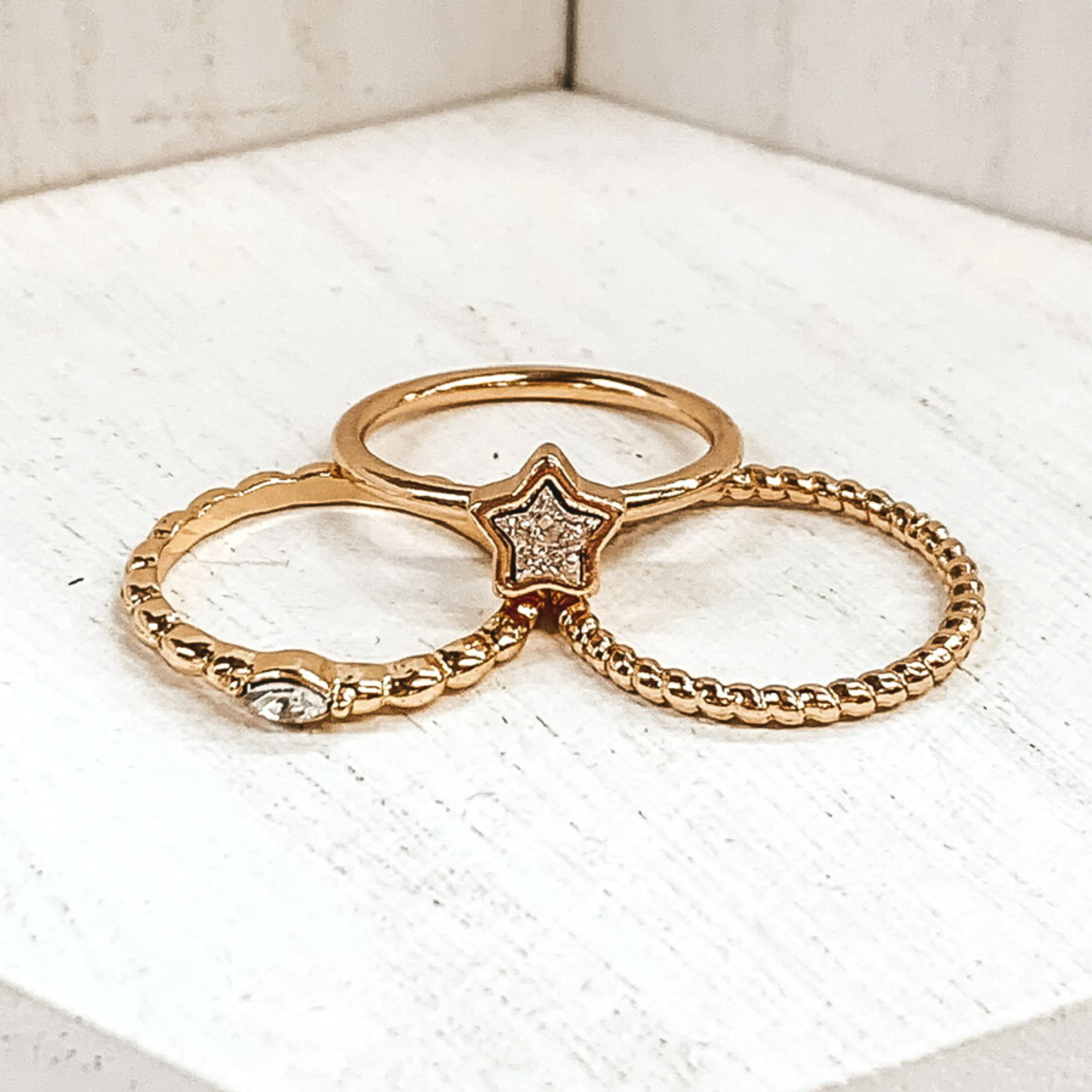 Set of 3 | Druzy Star Ring Set in Gold Tone