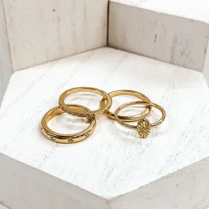 Set of 4 | Oval Pendant Ring Set with Clear Crystals in Gold Tone