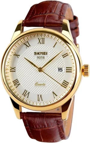 SKMEI Business Mens Quartz Wristwatches Roman Numeral Leather Band Casual Water Resist Analog Watches