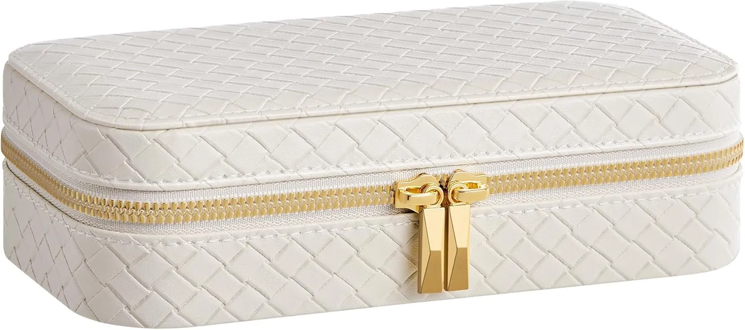 SONGMICS HOME Travel Jewelry Case, Jewelry Organizer Box with Mirror, Jewelry Pouch, Woven Embossed PU Leather, Portable Jewelry Storage, Gift Idea, Cloud White UJBC197W01
