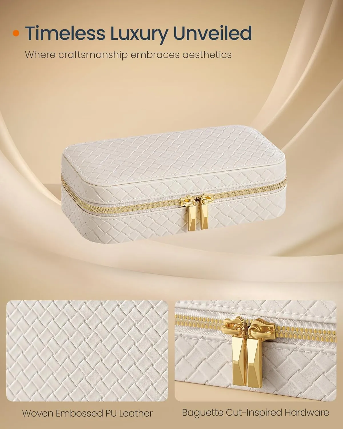 SONGMICS HOME Travel Jewelry Case, Jewelry Organizer Box with Mirror, Jewelry Pouch, Woven Embossed PU Leather, Portable Jewelry Storage, Gift Idea, Cloud White UJBC197W01
