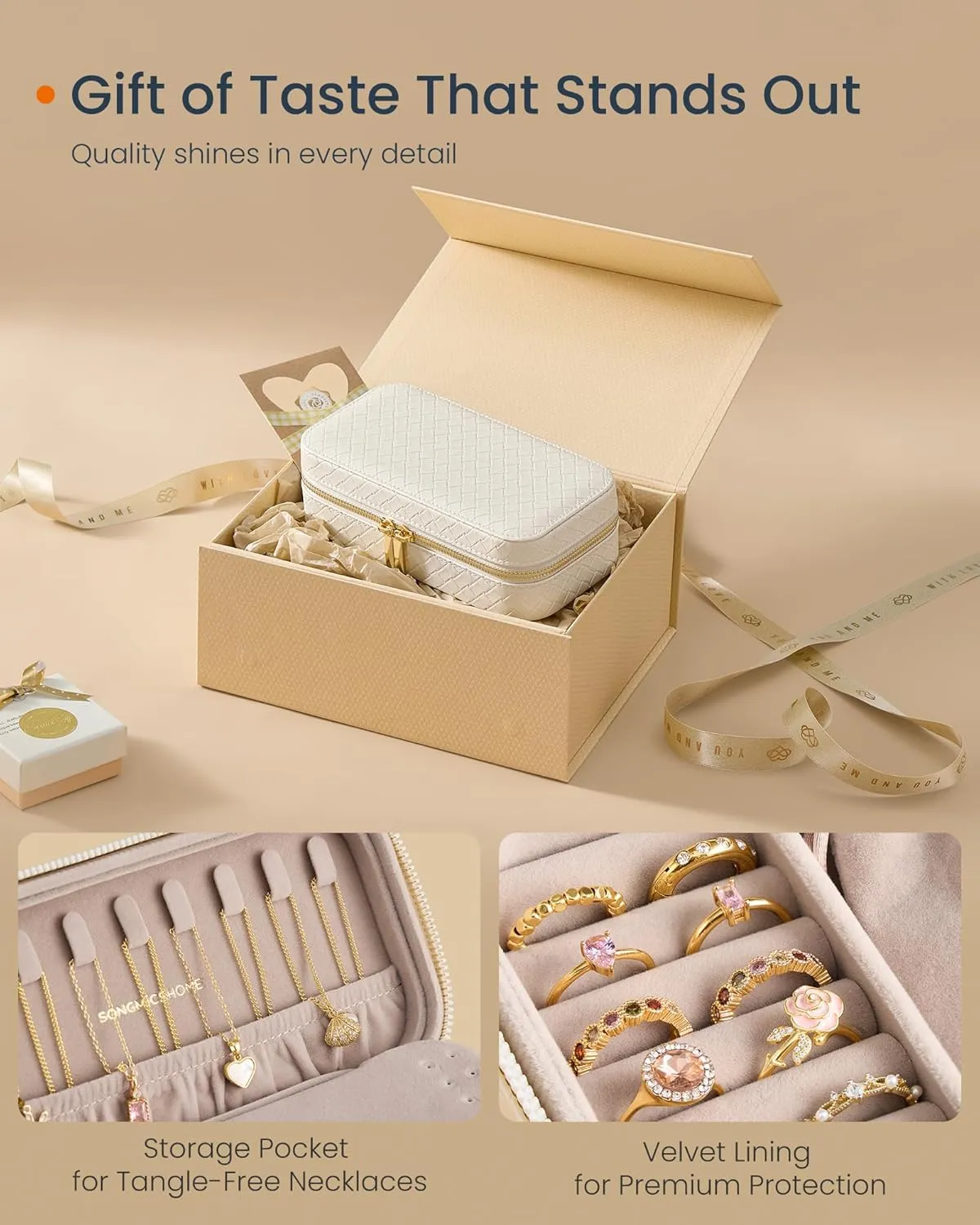SONGMICS HOME Travel Jewelry Case, Jewelry Organizer Box with Mirror, Jewelry Pouch, Woven Embossed PU Leather, Portable Jewelry Storage, Gift Idea, Cloud White UJBC197W01