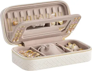 SONGMICS HOME Travel Jewelry Case, Jewelry Organizer Box with Mirror, Jewelry Pouch, Woven Embossed PU Leather, Portable Jewelry Storage, Gift Idea, Cloud White UJBC197W01
