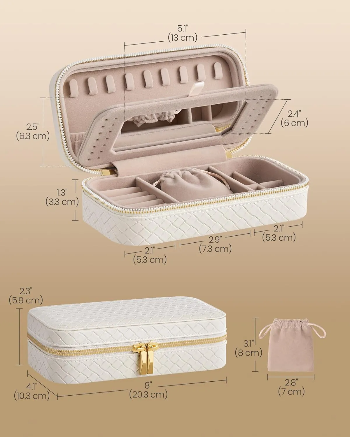SONGMICS HOME Travel Jewelry Case, Jewelry Organizer Box with Mirror, Jewelry Pouch, Woven Embossed PU Leather, Portable Jewelry Storage, Gift Idea, Cloud White UJBC197W01