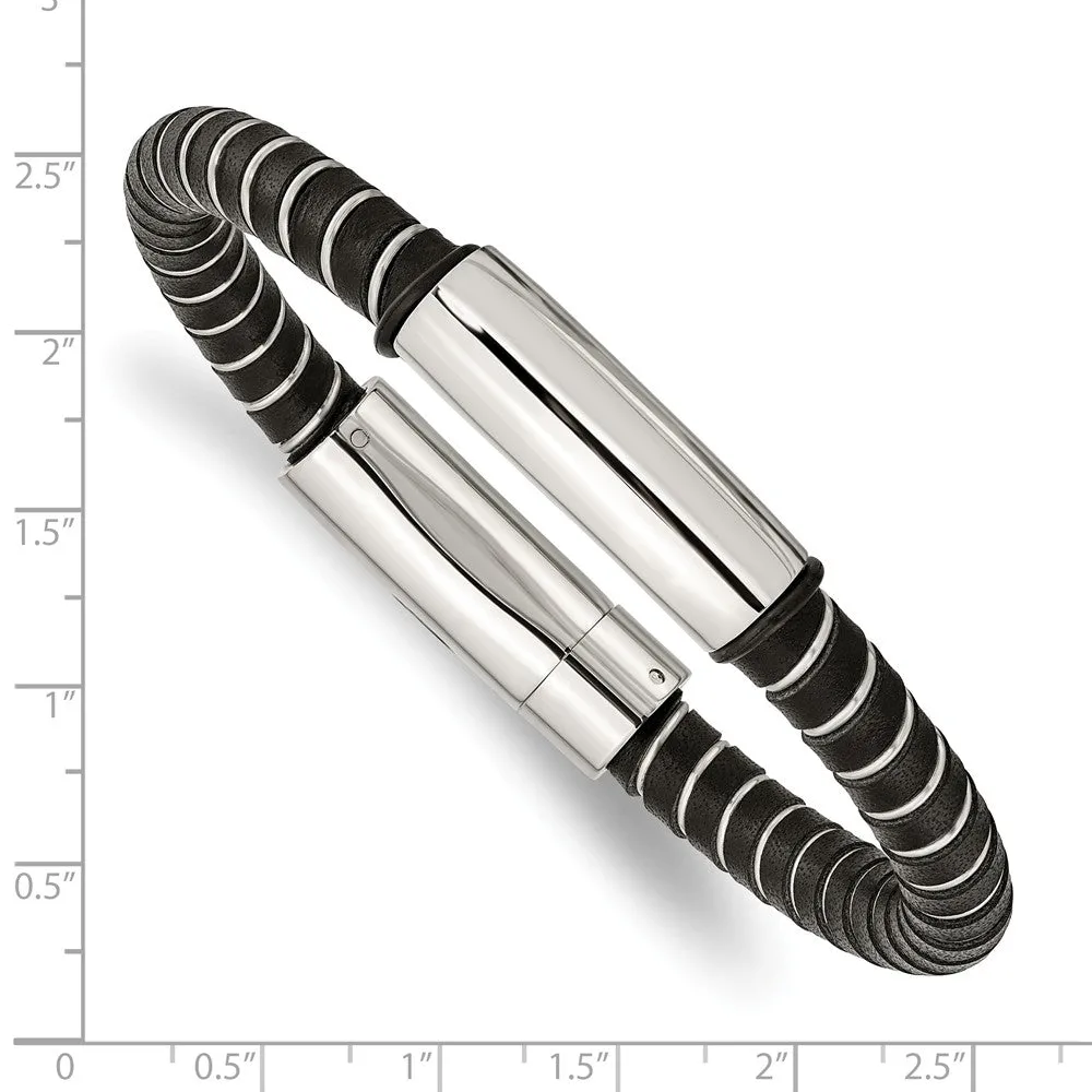 Stainless Steel Black Leather 8.75in Bracelet